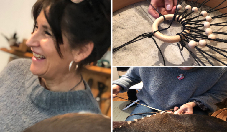 Brie Schamanin und verschiedene Phasen des Trommelbaus